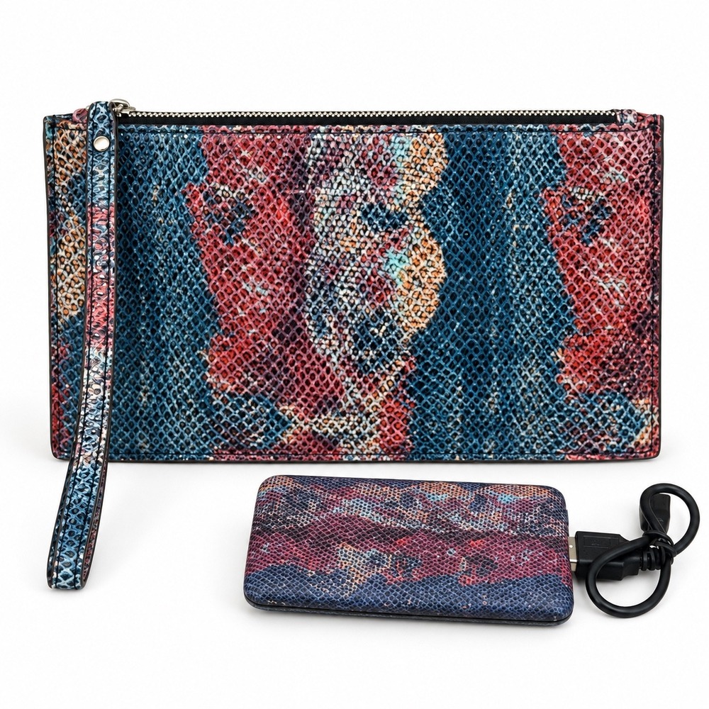 Aimee Kestenberg Blue Red Snakeskin Wristlet with Portable Charger
